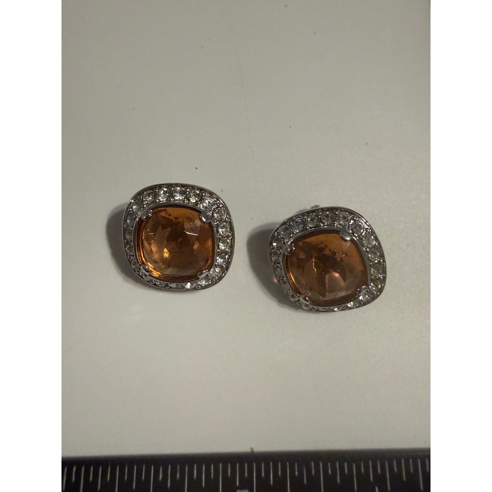 Monet Vintage Clip On Earrings Silver Tone Amber Glass Rhinestone Halo Square